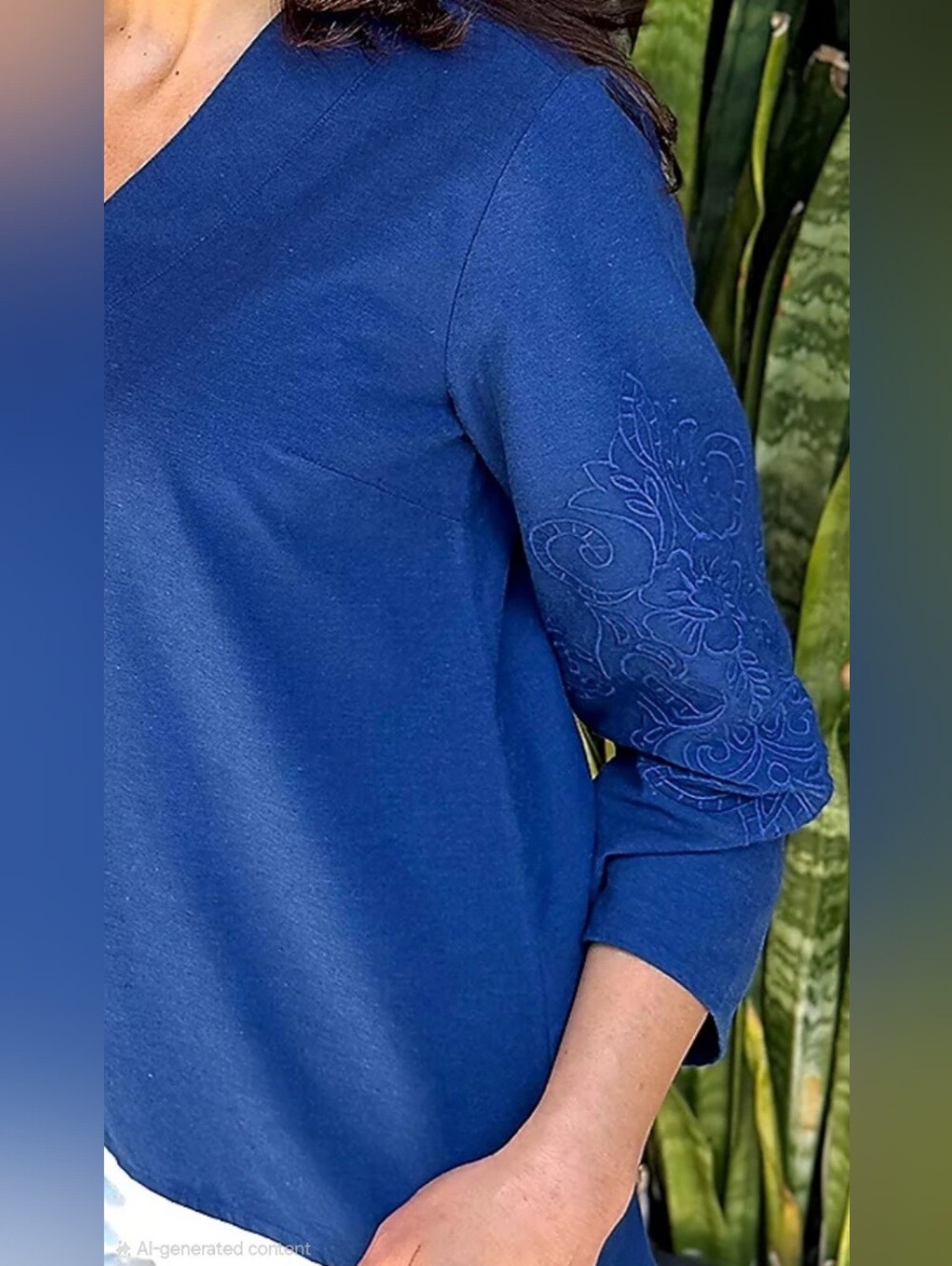 New Embroidered Sleeve V-Neck Top Navy Medium